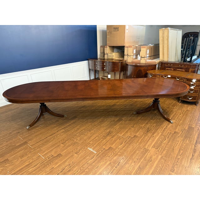 Brown Traditional Oval Banded Mahogany Double Pedestal Dining Table by Leighton Hall - Showroom Sample For Sale - Image 8 of 12