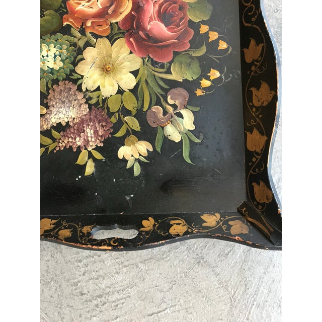 French Country Vintage 1940s French Country Style Hand-Painted Floral Wooden Serving Tray For Sale - Image 3 of 5