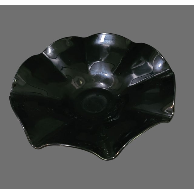 Mid-Century Modern Vintage Art Deco Retro Black Art Glass Scalloped Edge Center Piece Bowl Platter For Sale - Image 3 of 5