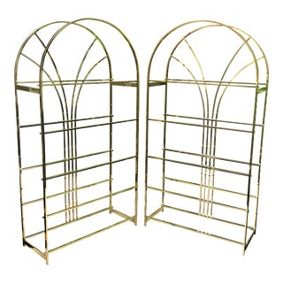 Arched Brass Glass Hollywood Regency Etagere Shelves- a Pair For Sale