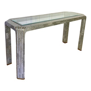 Vintage 1980s Maitland Smith Tessellated Marble and Bronze Inlay Waterfall Console Table For Sale