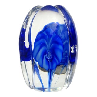 Vintage Murano Fratelli Toso Sapphire Blue Flowers Italian Art Glass Tall Sectioned Paperweight For Sale