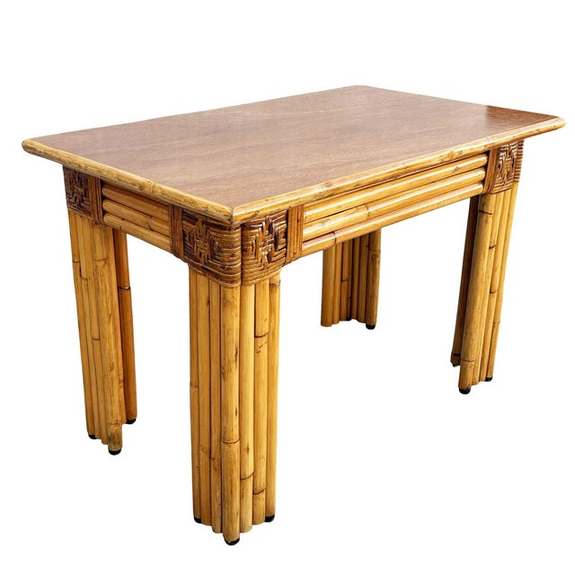 1950s Mid-Century Vertically Stacked Rattan Mahogany Top Console Table For Sale In Los Angeles - Image 6 of 8