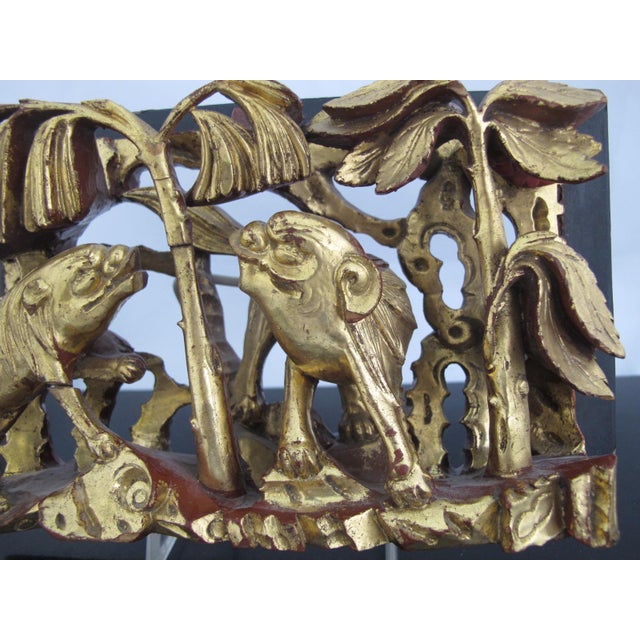 Chinese Chinese Qing Gilt Carved Wood Foo Dogs in Grove of Trees 3d Wall Art Panel For Sale - Image 3 of 9