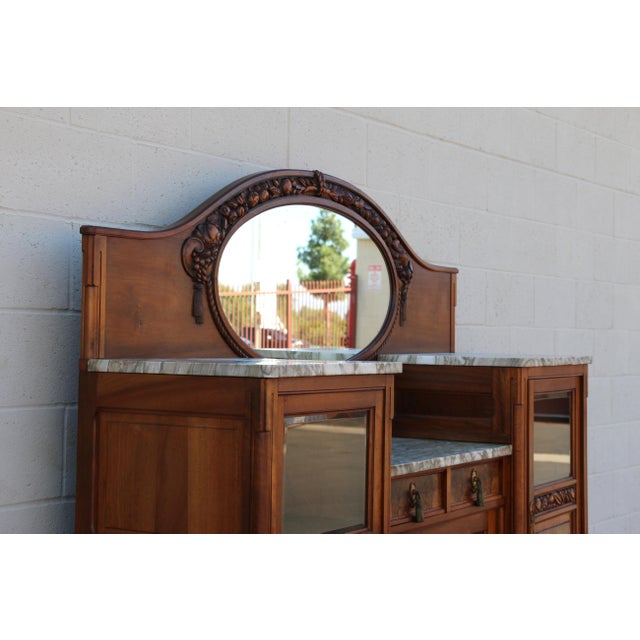 Antique French Art Deco Buffet Sideboard With Beveled Mirror & Marble Top | Burl Wood Credenza | Early 20th Century For Sale - Image 4 of 18