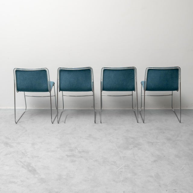 Metal and Blue Fabric Chairs, 1970s, Set of 4 For Sale - Image 6 of 12
