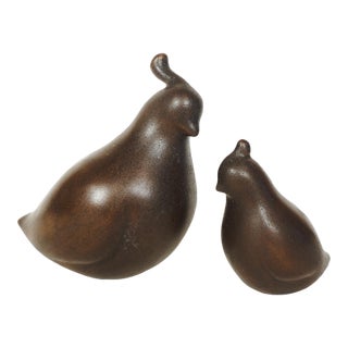 Duncan Modern MCM Set of 2 Ceramic Mold Brown Quail Figurines Pottery Hen & Chick For Sale
