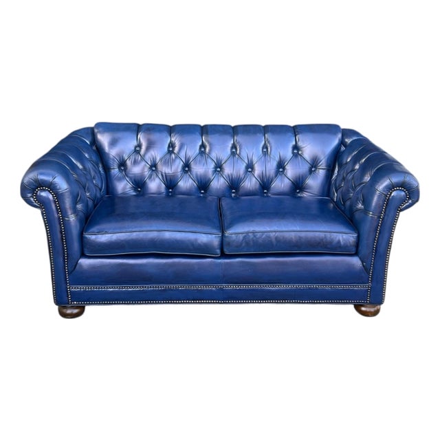 Vintage Chesterfield Navy Blue Tufted Leather Loveseat W/ Brass Trim For Sale