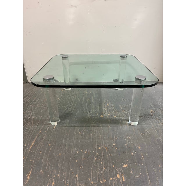 Pace Collection Vintage Pace Collection Glass Coffee Table Lucite Legs Chrome Caps For Sale - Image 4 of 12