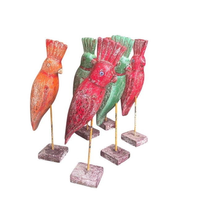 Indian Vintage Indian Hand-Carved & Painted Wooden Parrots on Stands - Set of 6 For Sale - Image 3 of 11