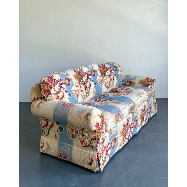 Sky Blue Vintage Cowton and Tout “Tortola Seashells” Printed Three Seat Sofa For Sale - Image 8 of 12