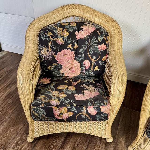 Wood Pair Vintage Wicker Lounge Chairs W/ Floral Cushions For Sale - Image 7 of 12