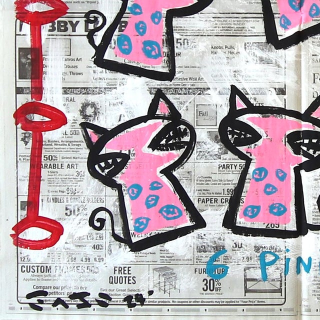 2020s 6 Pink Cats - Original Quirky Figurative Animal Pop Art Painting by Gary John For Sale - Image 5 of 7