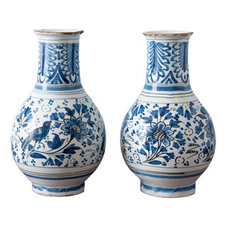 Blue and White Floral Vases from Rouen Faience, 18th Century, Set of 2 For Sale