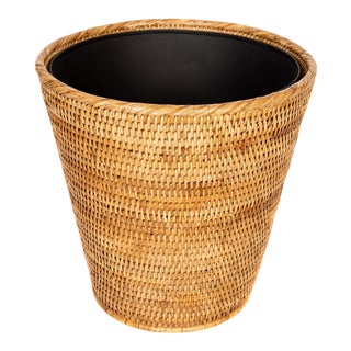 Artifacts Rattan Round Tapered Waste Basket with Metal Liner in Honey Brown - 12" For Sale
