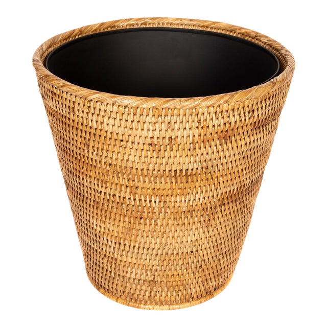 Artifacts Rattan Round Tapered Waste Basket with Metal Liner in Honey Brown - 12" For Sale