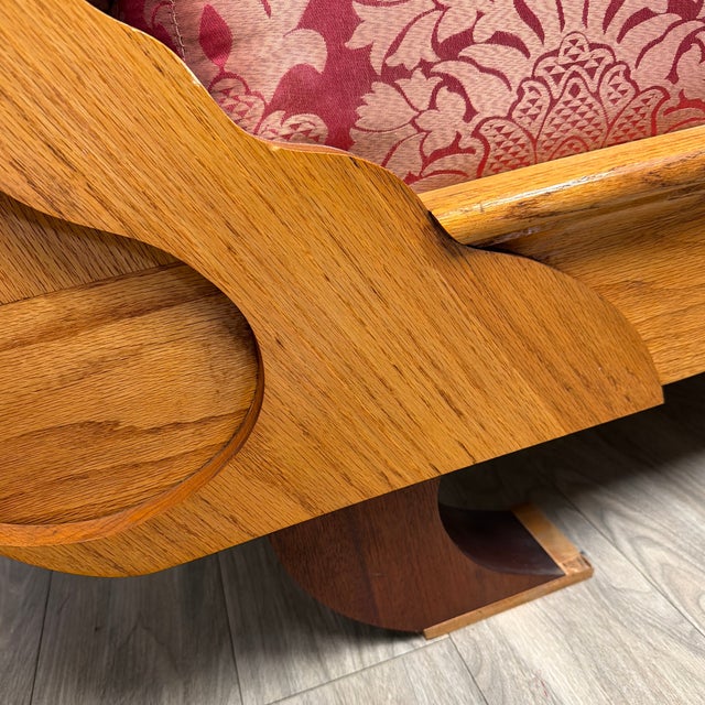 Wood Mid-Century Sculpted Wood Bookshelf Chaise Lounge in Red & Gold Damask For Sale - Image 7 of 12