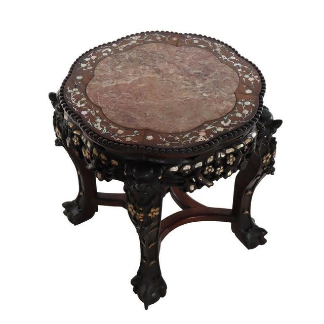Antique Chinese Floral Carved Rosewood Rouge Marble Top Stand With Inlaid Mother Of Pearl C1920 Measures - 18" x 20 3/4" x...