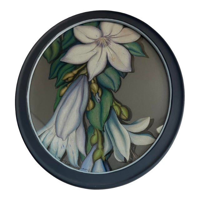 Mid Century Modern Oval 1965 Flower Framed Painting Vintage 1960s - Signed For Sale