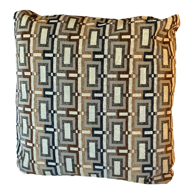 Vintage Boho Chic Contemporary Modern Navy-Brown Geometric Pillow. For Sale