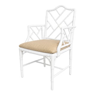 Vintage Chinese Chippendale Faux Bamboo Armchair in High-Gloss White For Sale
