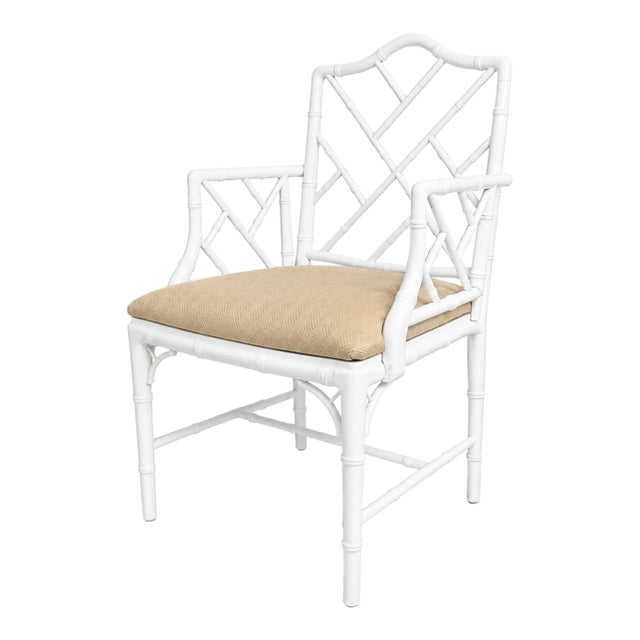 Vintage Chinese Chippendale Faux Bamboo Armchair in High-Gloss White For Sale