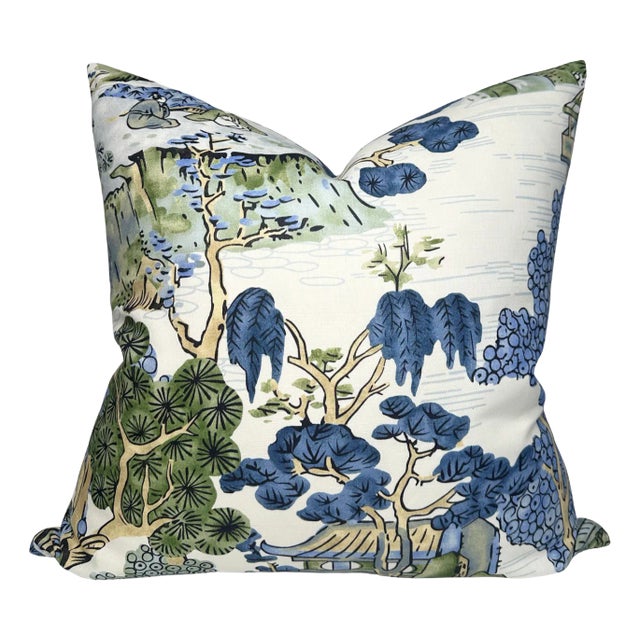 Chinoiserie Pillow Cover in Green and Blue, Scenic Pillow, 20x20 Pillow For Sale