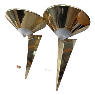 Vintage Postmodern Gilt Metal and Glass Wall Lights from Hustadt Leuchten, Germany, 1980s, Set of 2 For Sale