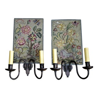 1939&1940 Hollywood Regency Custom Bronze Hand Needlepoint Artist Marked & Dated Sconces e.f. Caldwell a - Pair For Sale