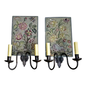 1939&1940 Hollywood Regency Custom Bronze Hand Needlepoint Artist Marked & Dated Sconces e.f. Caldwell a - Pair