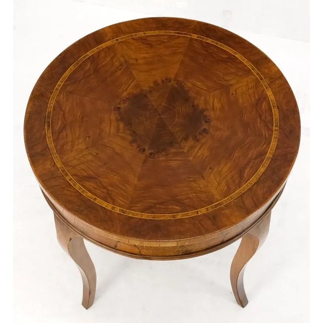 Flame Mahogany Top Banded Olive Wood Cabriole Leg Round Lamp Side Table Stand For Sale - Image 9 of 13