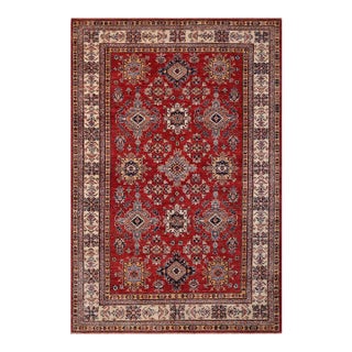 Shabby Chic Tribal Super Kazak Red/Beige Wool Rug - 5'7'' X 8'9'' For Sale
