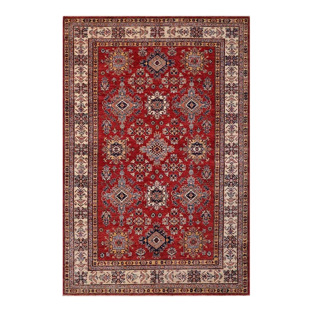 Shabby Chic Tribal Super Kazak Red/Beige Wool Rug - 5'7'' X 8'9'' For Sale