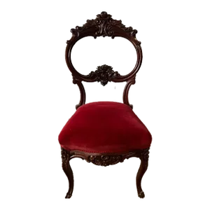 19th Century Antique Victorian Style Balloon Back Walnut Carved Red Velvet Upholstered Side Chair