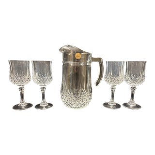 Late Twentieth Century Cristal D’Arques Lead Crystal Pitcher and Four Wine Glasses in the Longchamp Pattern For Sale