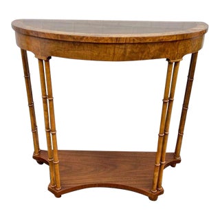 Baker Furniture Vintage Regency Style Walnut and Burlwood Inlaid Faux Bamboo Demilune Console Table. For Sale