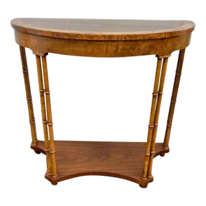 Baker Furniture Vintage Regency Style Walnut and Burlwood Inlaid Faux Bamboo Demilune Console Table.