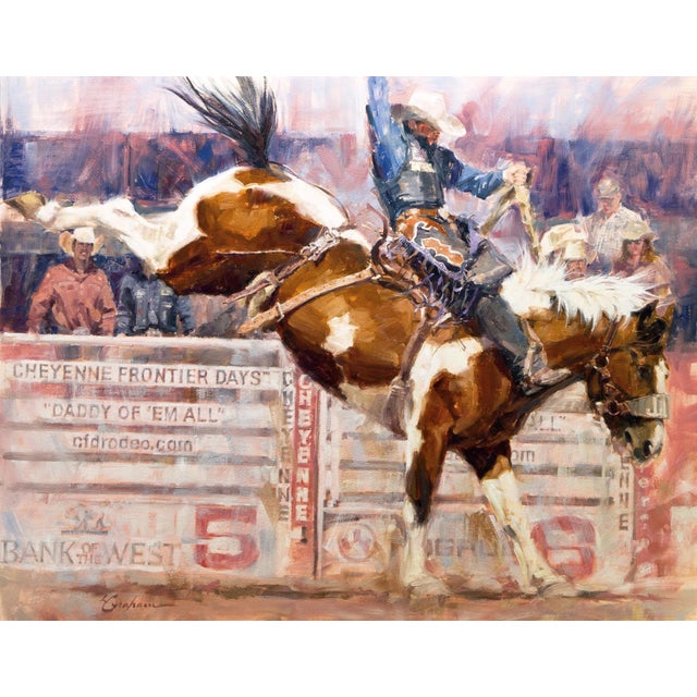 This oil painting captures a dynamic rodeo scene, featuring a cowboy in mid-air atop a bucking horse, embodying the thrill...