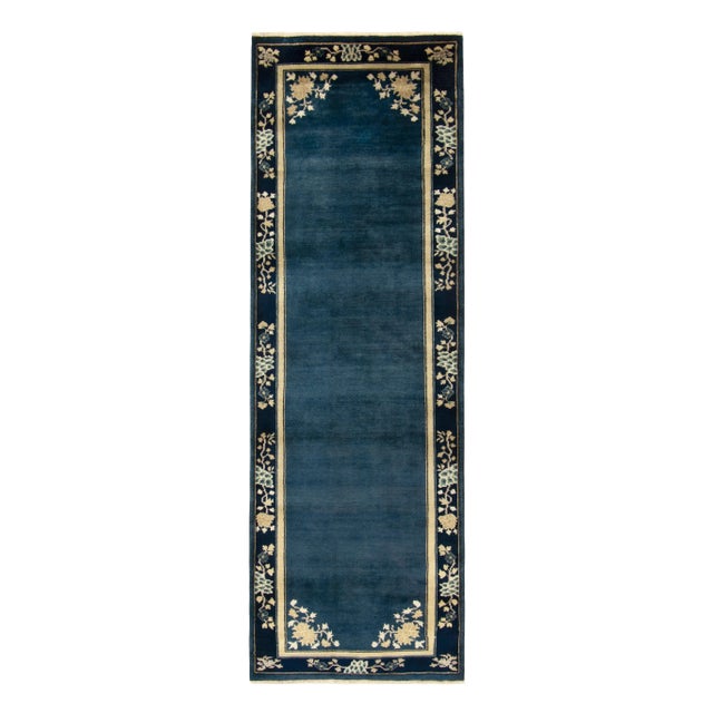 Vintage Chinese Deco Style Runner in Deep Blue, Off White, Gold Floral Border For Sale In New York - Image 6 of 6