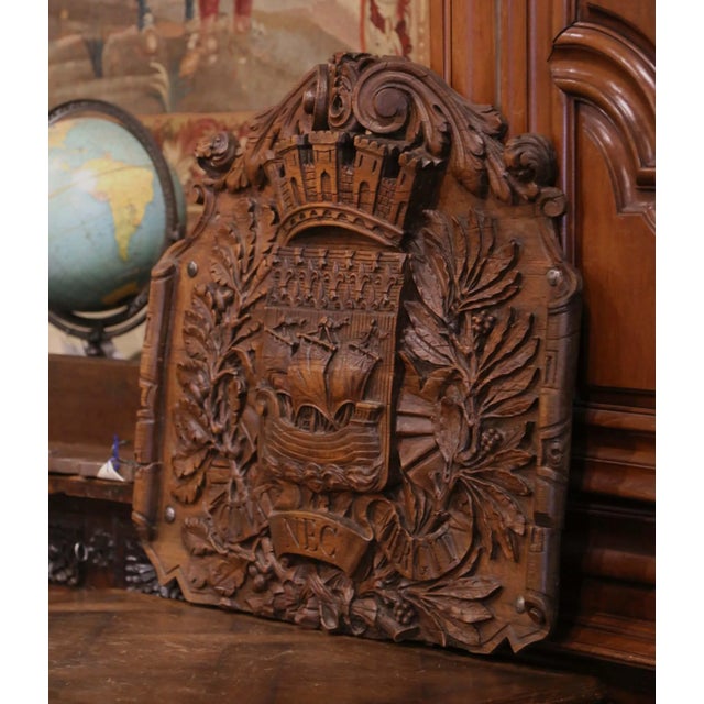 Wood 19th Century French Carved Walnut Paris Coat of Arms Wall Plaque For Sale - Image 7 of 10