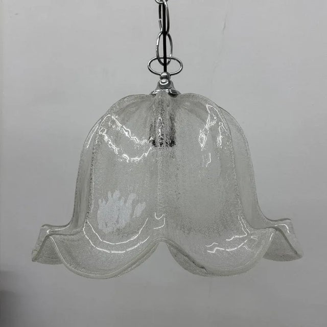Mid-Century Bell-Shaped Ice Glass and Chrome Pendant Light, 1970s For Sale - Image 16 of 18