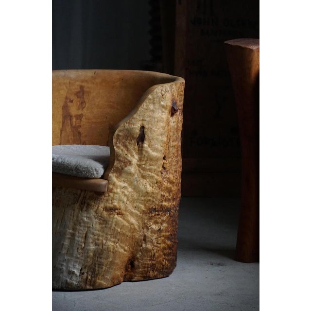 Mid-Century Swedish Brutalist Stump Chair in Wood & Lambswool Seat, 1960s For Sale - Image 12 of 13