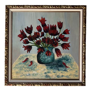 Ann Cohen Red Tulips in Teal Vase - Still Life Oil on Canvas Painting Framed For Sale