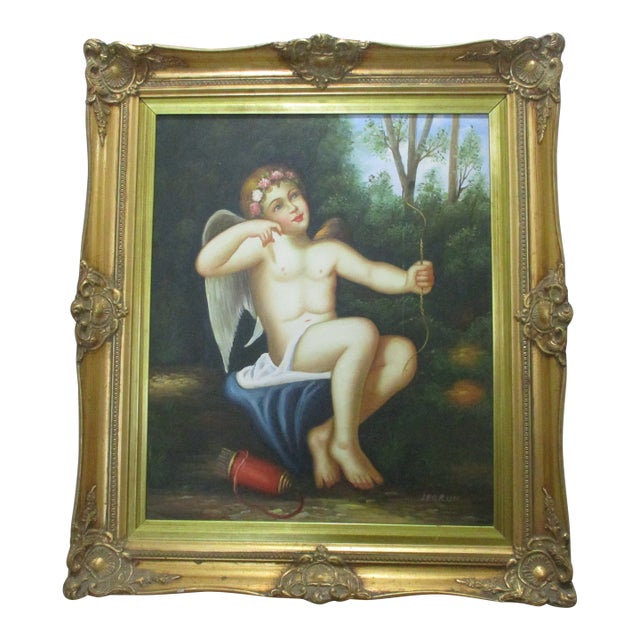 Beautiful Vintage Cherub, Putti, Angel Oil Painting on Canvas Sign LeBrun Fancy Frame For Sale