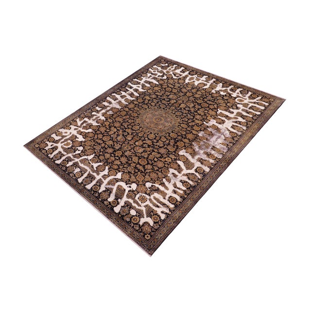Abstract No Pile Persian Blue/Gold Wool Rug - 7'7'' X 11'1'' For Sale - Image 3 of 10
