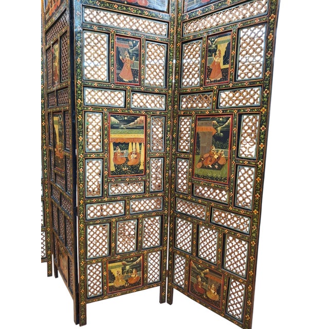 Early 20th Century Indian Polychrome Four Panel Folding Screen