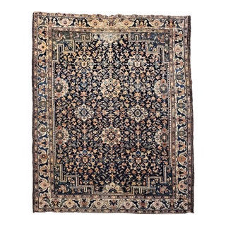 Vintage Persian Malayer Area Rug, Hand-Knotted Wool, Geometric Pattern, 5x7, Navy & Ivory For Sale