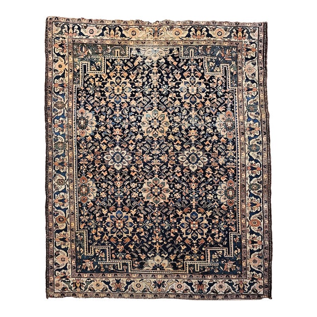 Vintage Persian Malayer Area Rug, Hand-Knotted Wool, Geometric Pattern, 5x7, Navy & Ivory For Sale