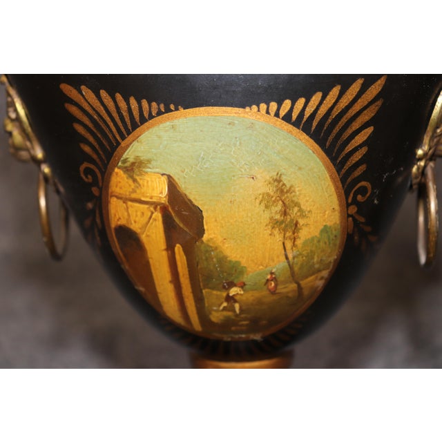 Pair English Style Tole Painted Metal Small Brass Mounted Urns For Sale - Image 9 of 13