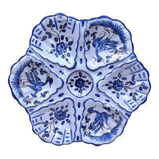 French Blue & White Faience Oyster Plate Moustiers Style, Circa 1940 For Sale